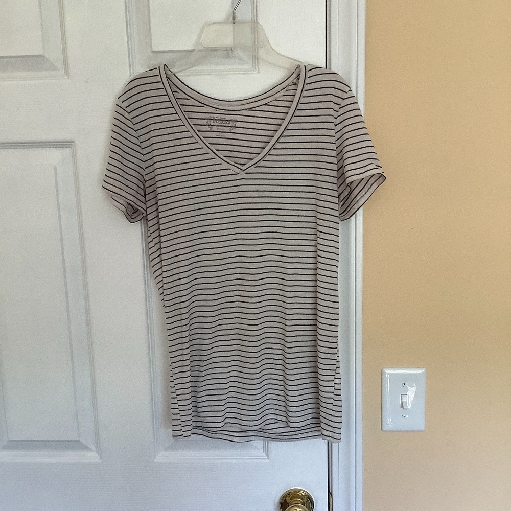 Black and White Striped V Neck Tee